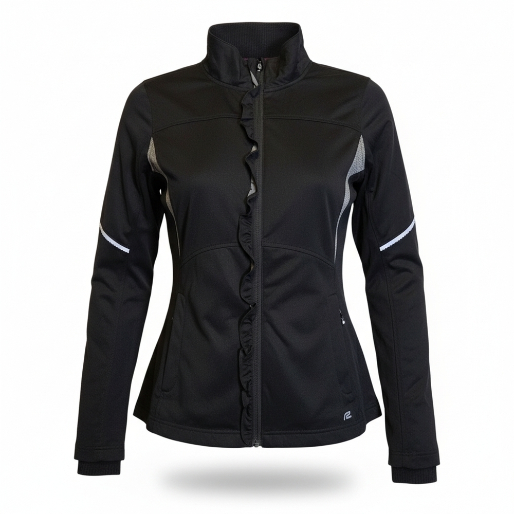 Road Runner Sports Running Jacket Black Reflective Ruffle Zip Athletic M EUC
